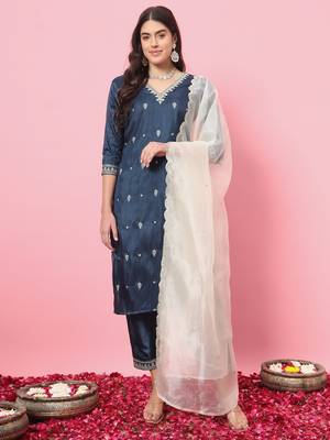 Teal blue embroidered silk blend salwar suit 2