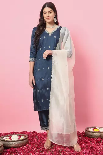 Teal blue embroidered silk blend salwar suit