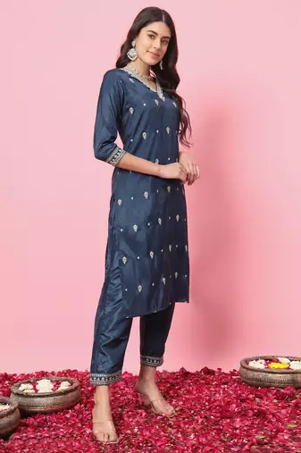 Teal blue embroidered silk blend salwar suit