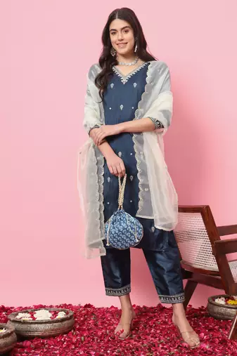 Teal blue embroidered silk blend salwar suit