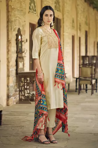 Beige embroidered silk blend salwar suit