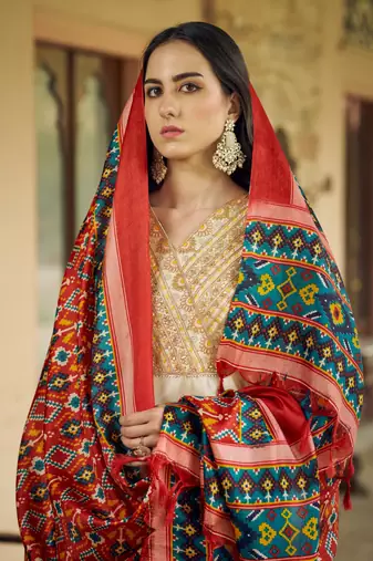 Beige embroidered silk blend salwar suit