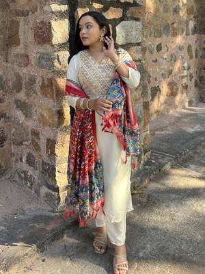 Beige embroidered silk blend salwar suit 1