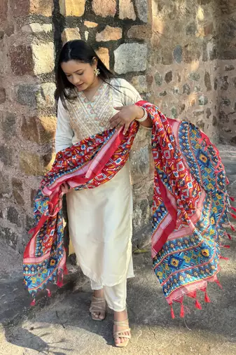 Beige embroidered silk blend salwar suit