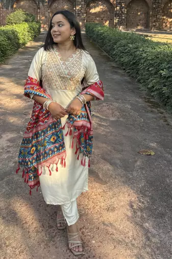 Beige embroidered silk blend salwar suit