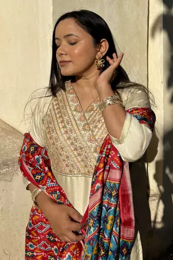 Beige embroidered silk blend salwar suit