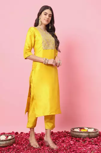 Yellow embroidered silk blend salwar suit