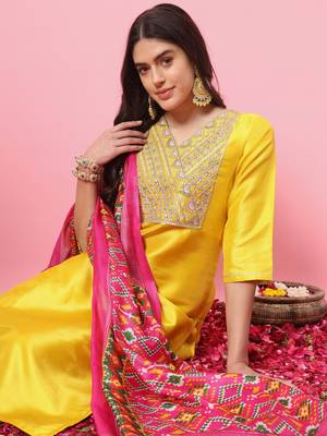 Yellow embroidered silk blend salwar suit 4