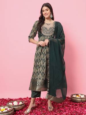 Green embroidered cotton silk salwar suit 1