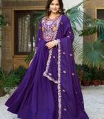 Purple Thread Embroidered Georgette Gown With Dupatta