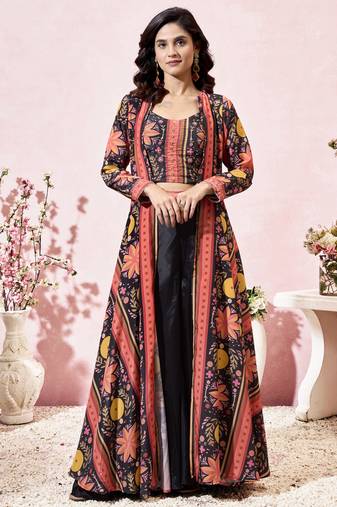 Stunning Black Crepe Designer Crop Top Palazzo With Shrug