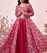 Pink Floral Print Party Wear Crop Top Palazzo With Shrug