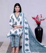 Teal blue women floral printed aline kurta pant with dupatta set