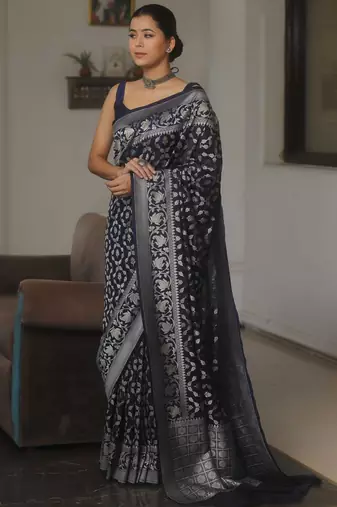 Kayralable launch navy blue banarasi silk saree with silver zari weaving work for women with blouse piece