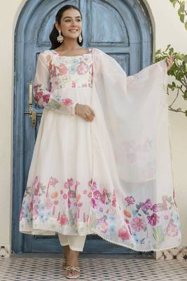 White Organza Floral Printed Festive Wear Anarkali Suit 1