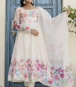 White Organza Floral Printed Festive Wear Anarkali Suit