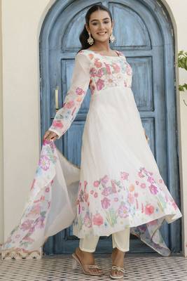White Organza Floral Printed Festive Wear Anarkali Suit 2