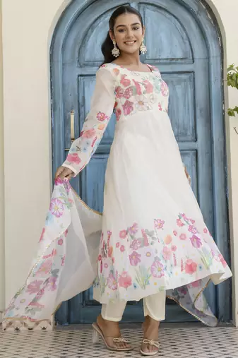 White Organza Floral Printed Festive Wear Anarkali Suit