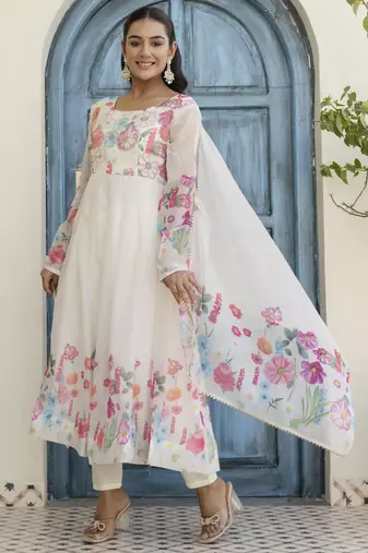 White Organza Floral Printed Festive Wear Anarkali Suit