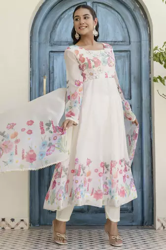 White Organza Floral Printed Festive Wear Anarkali Suit