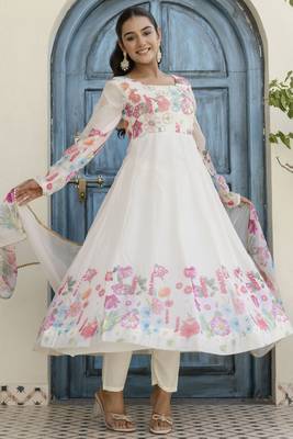 White Organza Floral Printed Festive Wear Anarkali Suit 5