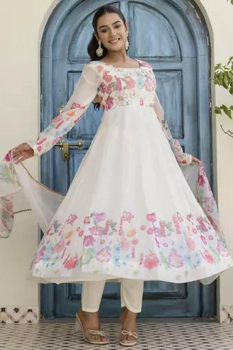 White Organza Floral Printed Festive Wear Anarkali Suit