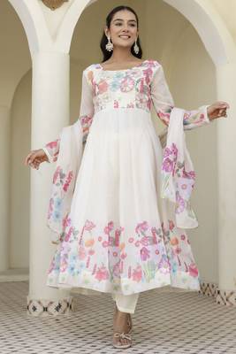 White Organza Floral Printed Festive Wear Anarkali Suit 6