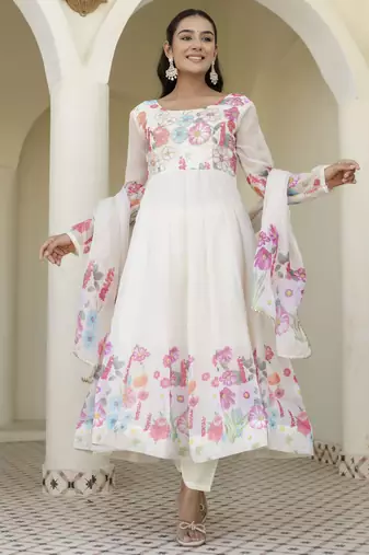 White Organza Floral Printed Festive Wear Anarkali Suit