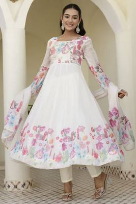 White Organza Floral Printed Festive Wear Anarkali Suit 7