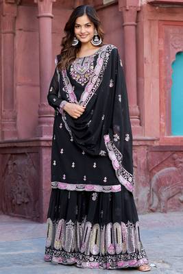 Pretty Black Georgette Sequins Festival Wear Sharara Suit 1