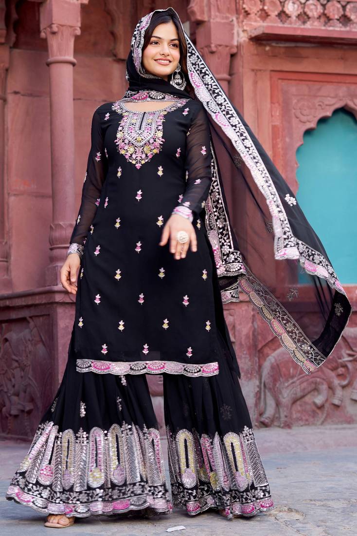 Pretty Black Georgette Sequins Festival Wear Sharara Suit