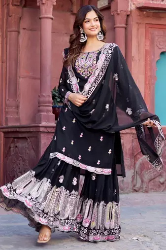 Pretty Black Georgette Sequins Festival Wear Sharara Suit