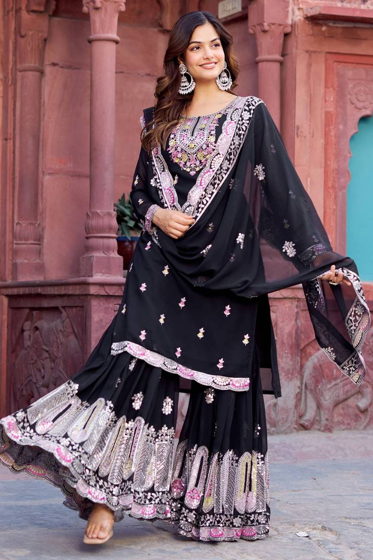 Pretty Black Georgette Sequins Festival Wear Sharara Suit