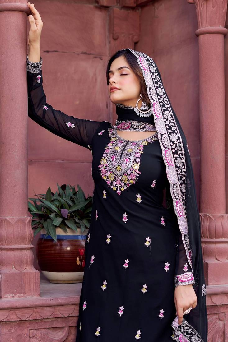 Pretty Black Georgette Sequins Festival Wear Sharara Suit