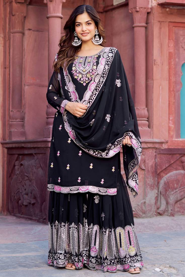 Pretty Black Georgette Sequins Festival Wear Sharara Suit