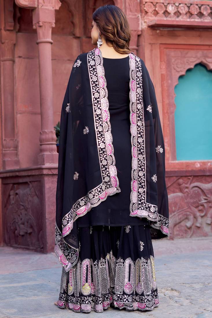 Pretty Black Georgette Sequins Festival Wear Sharara Suit