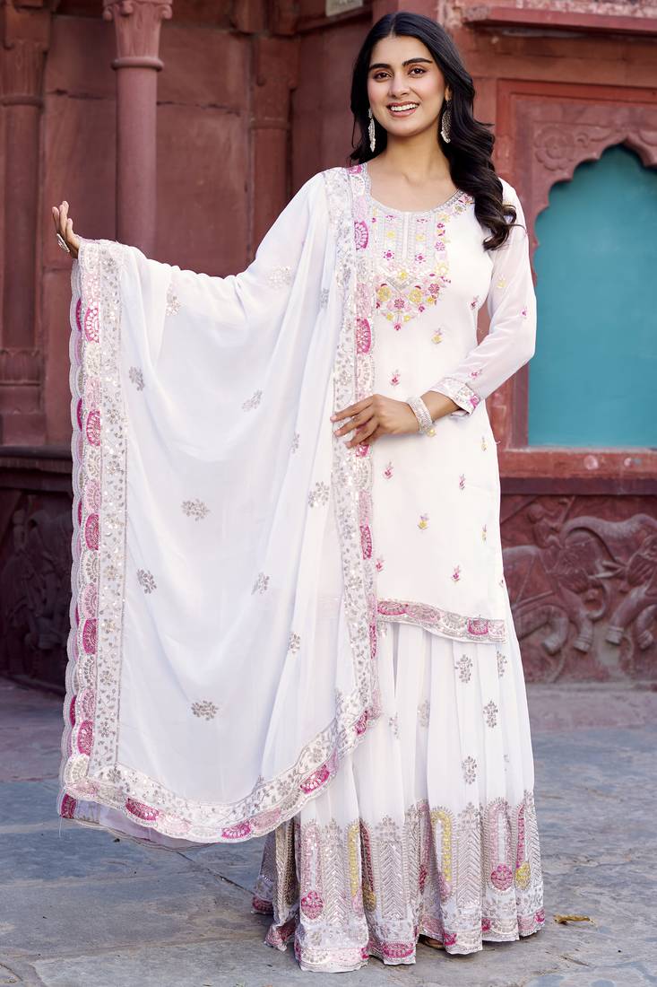 Gorgeous White Thread Embroidered Georgette Sharara Suit - Tulsi Art ...