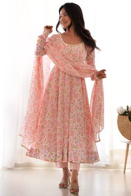 Impressive Peach Chiffon Floral Printed Casual Wear Anarkali Suit 1