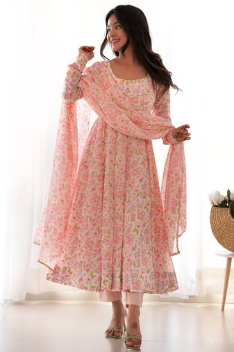 Impressive Peach Chiffon Floral Printed Casual Wear Anarkali Suit