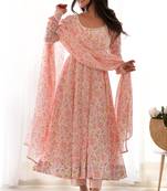 Impressive Peach Chiffon Floral Printed Casual Wear Anarkali Suit