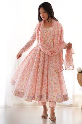 Impressive Peach Chiffon Floral Printed Casual Wear Anarkali Suit 2