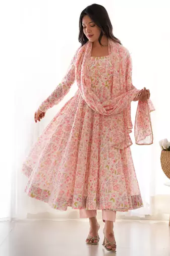 Impressive Peach Chiffon Floral Printed Casual Wear Anarkali Suit