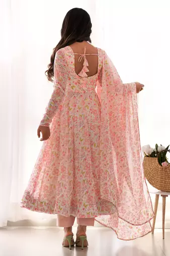 Impressive Peach Chiffon Floral Printed Casual Wear Anarkali Suit