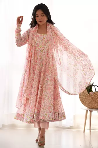 Impressive Peach Chiffon Floral Printed Casual Wear Anarkali Suit