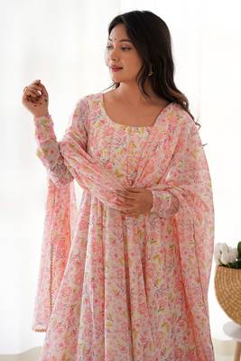 Impressive Peach Chiffon Floral Printed Casual Wear Anarkali Suit 5