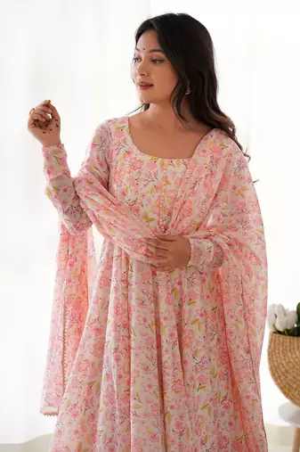 Impressive Peach Chiffon Floral Printed Casual Wear Anarkali Suit