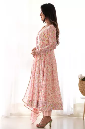 Impressive Peach Chiffon Floral Printed Casual Wear Anarkali Suit