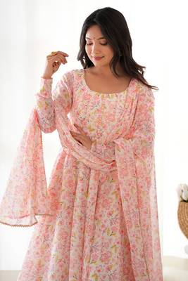 Impressive Peach Chiffon Floral Printed Casual Wear Anarkali Suit 7
