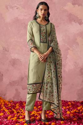 Pastel Green Georgette Thread Embroidered Straight Suit 1