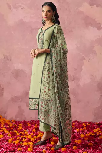 Pastel Green Georgette Thread Embroidered Straight Suit